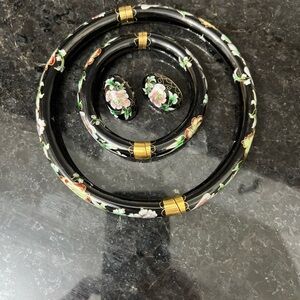 Vintage Cloisonne set, choker, bracelet, clip earrings